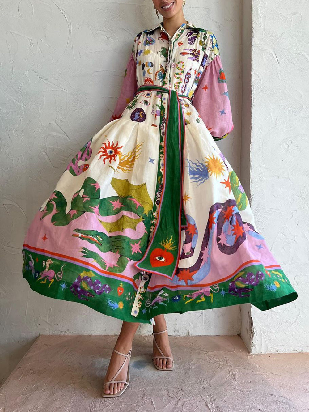 Rochie Plisată cu Mâneci Lungi și Croială Lejeră