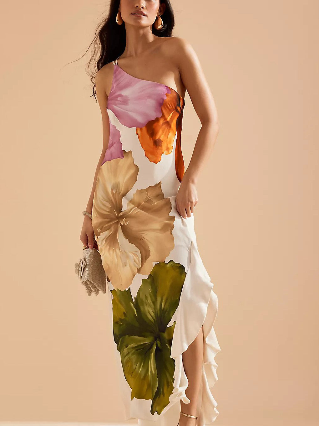 Rochie Maxi Elegantă cu Imprimeu Floral, cu Un Umăr