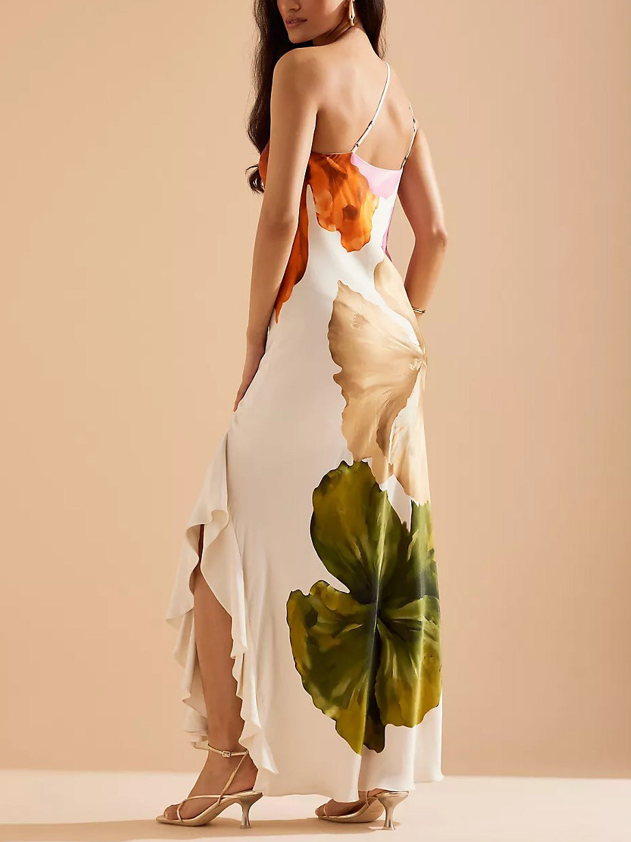 Rochie Maxi Elegantă cu Imprimeu Floral, cu Un Umăr