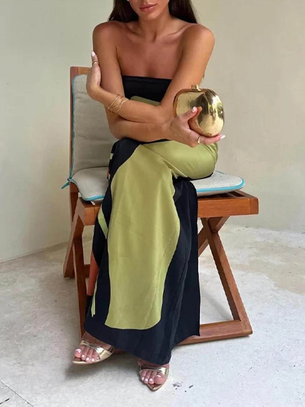Rochie de Petrecere Maxi Fără Bretele cu Imprimare Color Block