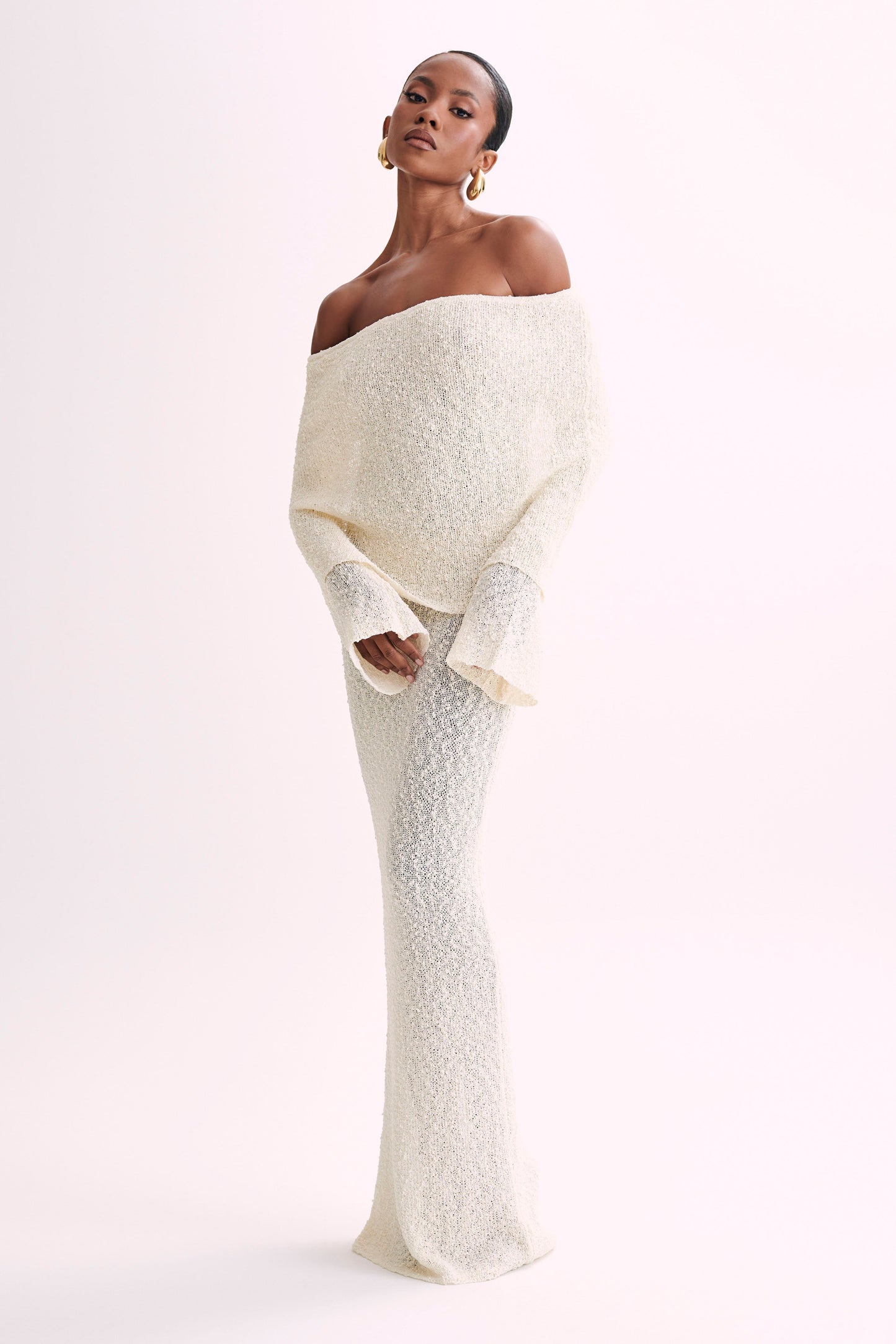 Marissa | Rochie Maxi Off-Shoulder din Bouclé – Ivory