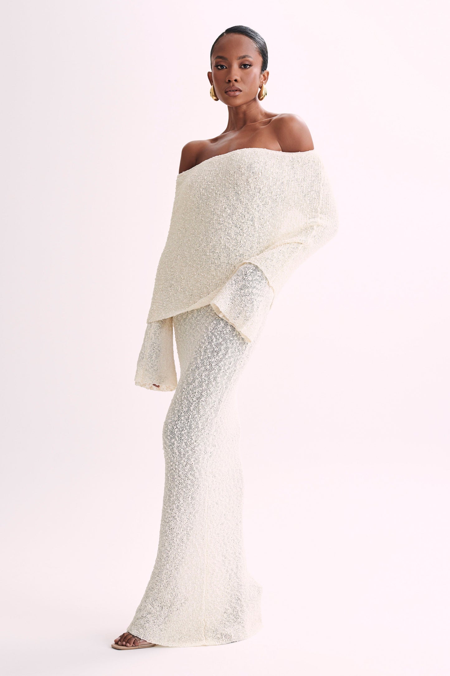 Marissa | Rochie Maxi Off-Shoulder din Bouclé – Ivory