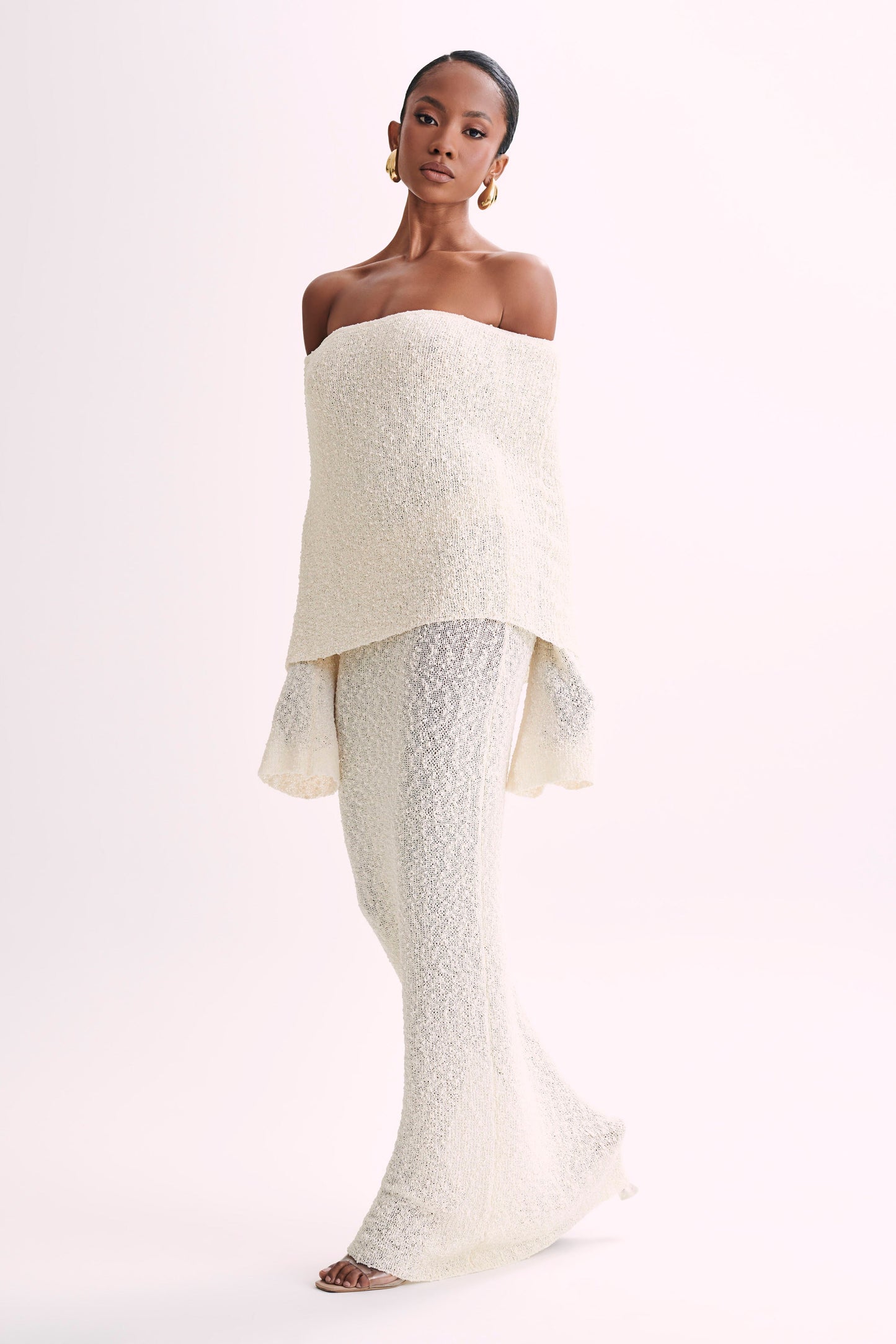 Marissa | Rochie Maxi Off-Shoulder din Bouclé – Ivory