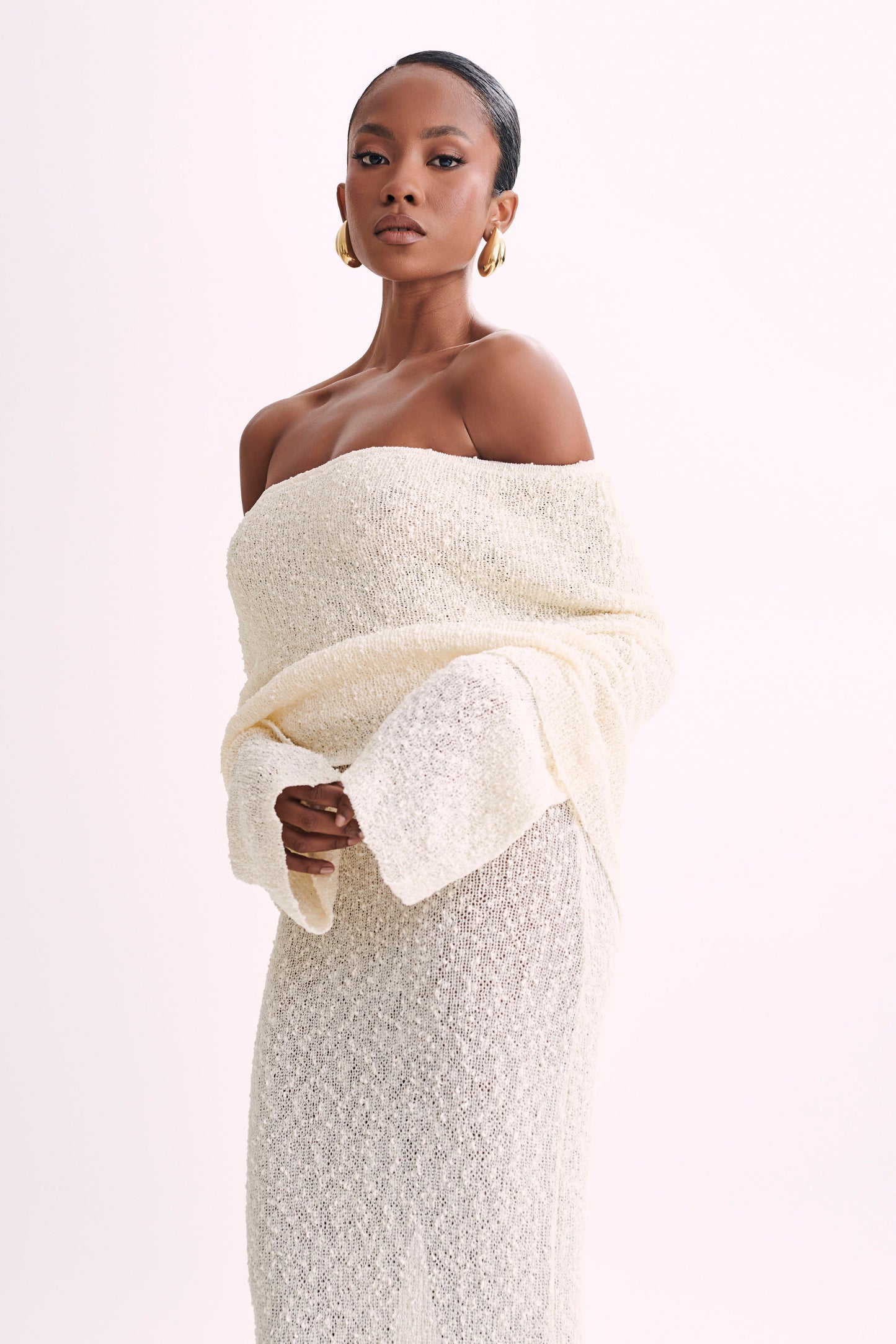 Marissa | Rochie Maxi Off-Shoulder din Bouclé – Ivory
