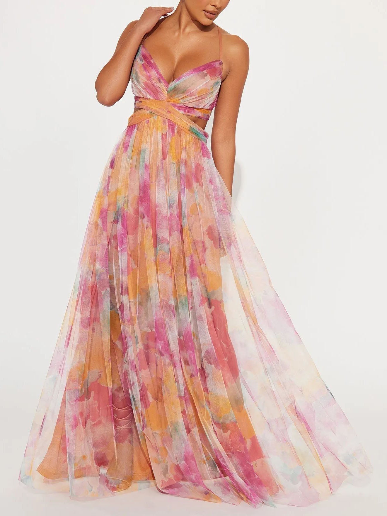 Rochie Maxi A-Line cu Imprimare Florală Pictată Elegantă
