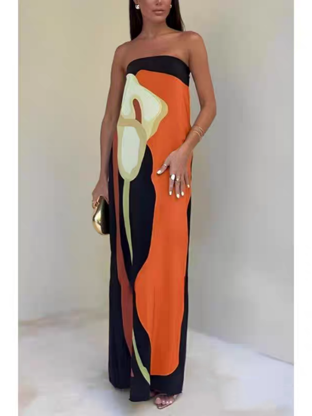 Rochie de Petrecere Maxi Fără Bretele cu Imprimare Color Block