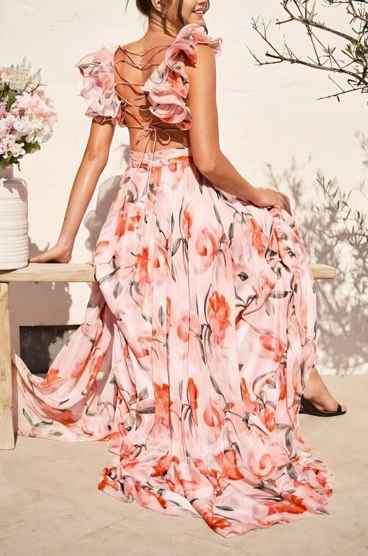 Rochie maxi imprimată fără spate