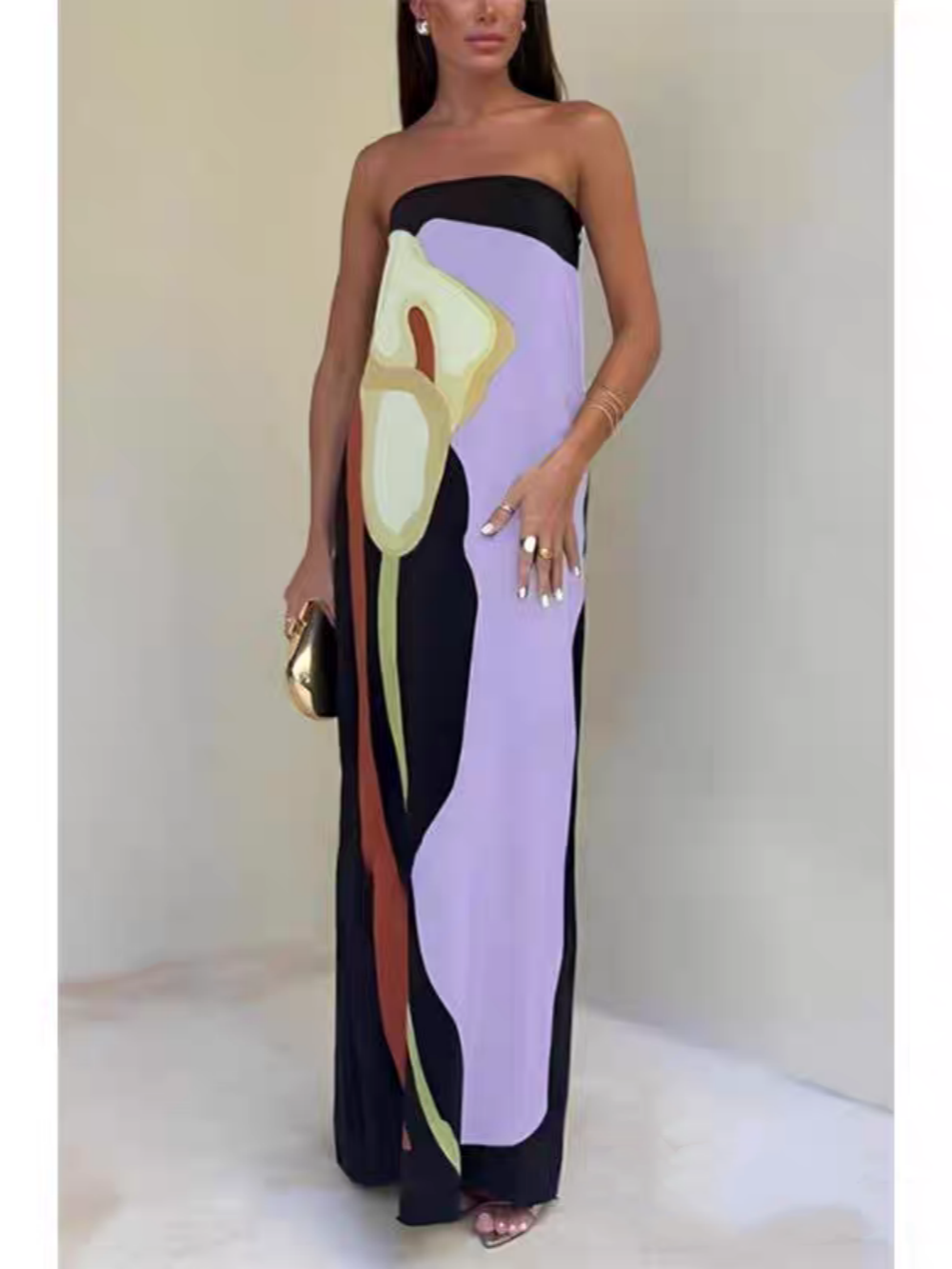 Rochie de Petrecere Maxi Fără Bretele cu Imprimare Color Block