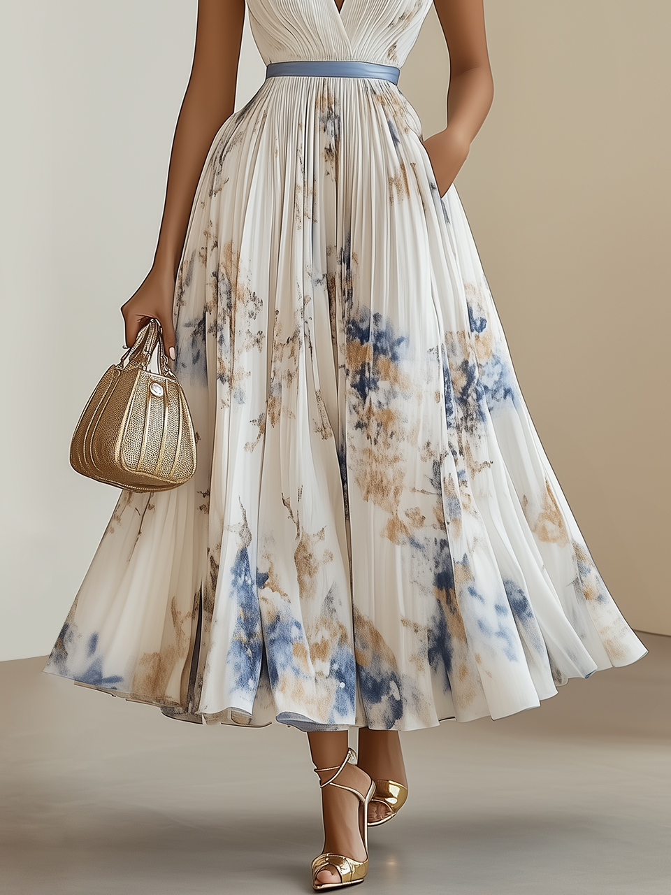 Rochie Midi Albă Fără Mâneci cu Pliseuri și Imprimeu Floral, Decolteu în V