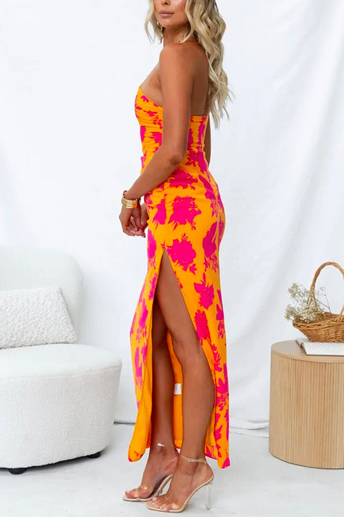 Rochie Maxi Cami cu Un Umăr și Fendă Laterală Imprimată