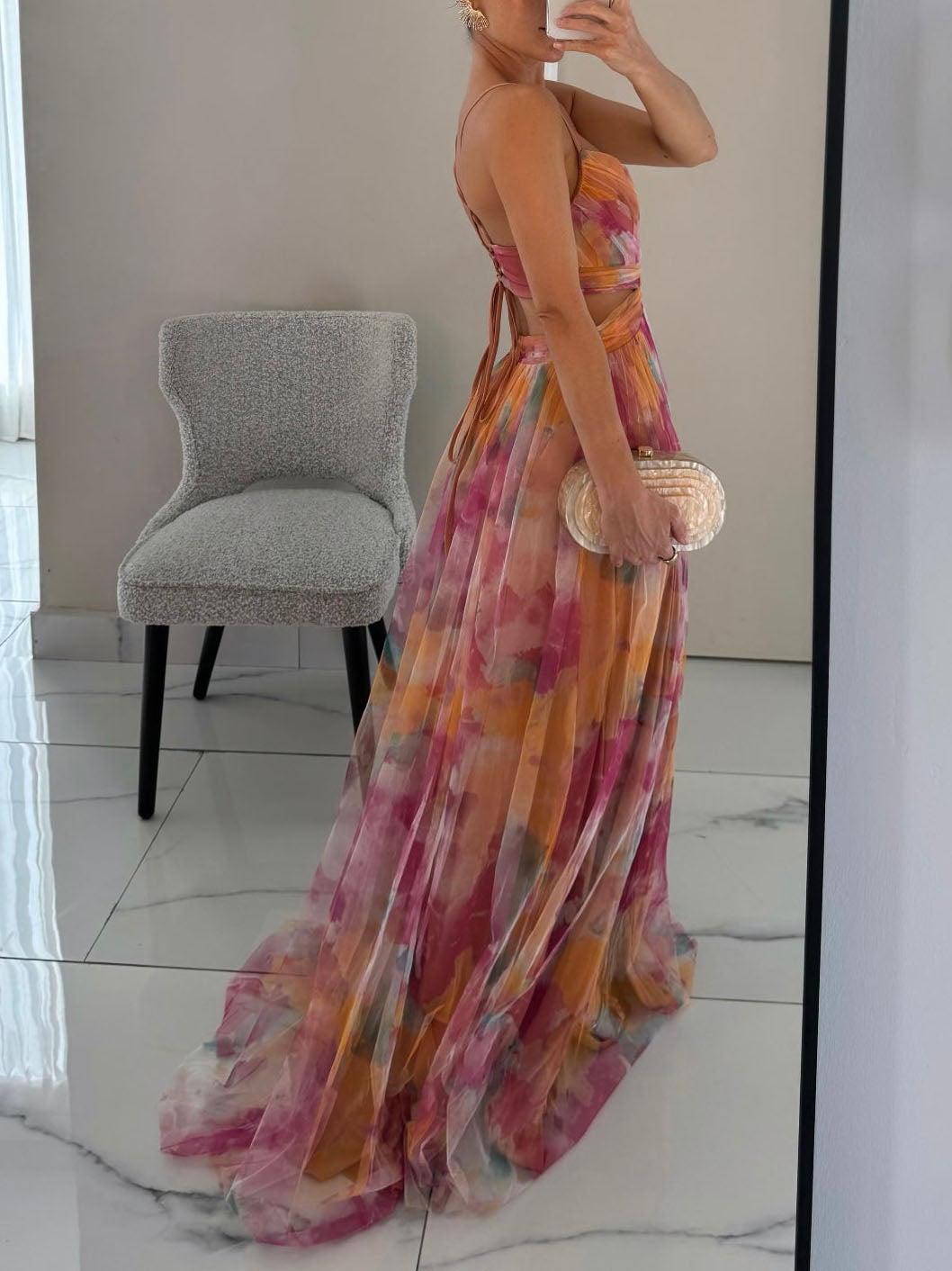 Rochie Maxi A-Line cu Imprimare Florală Pictată Elegantă