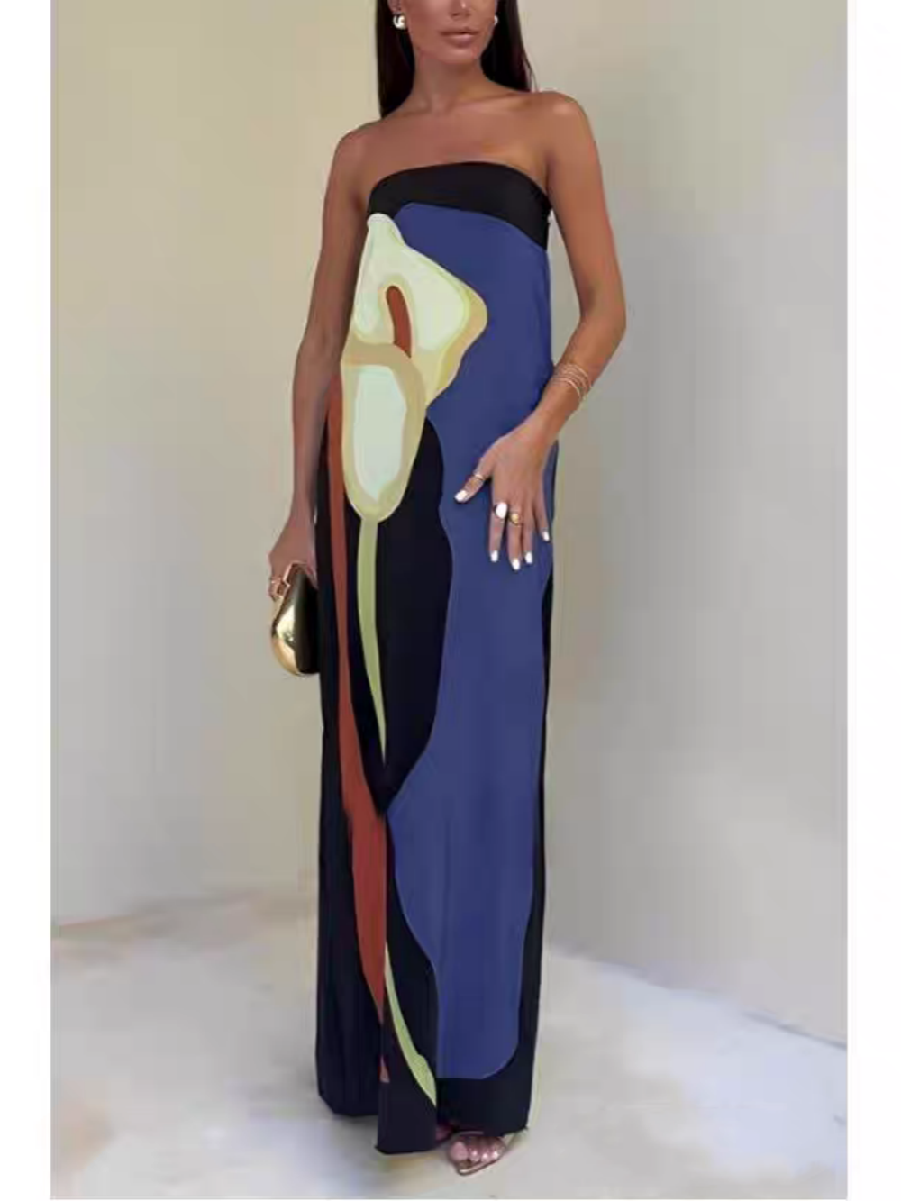 Rochie de Petrecere Maxi Fără Bretele cu Imprimare Color Block
