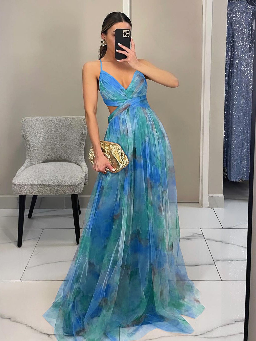 Rochie Maxi A-Line cu Imprimare Florală Pictată Elegantă