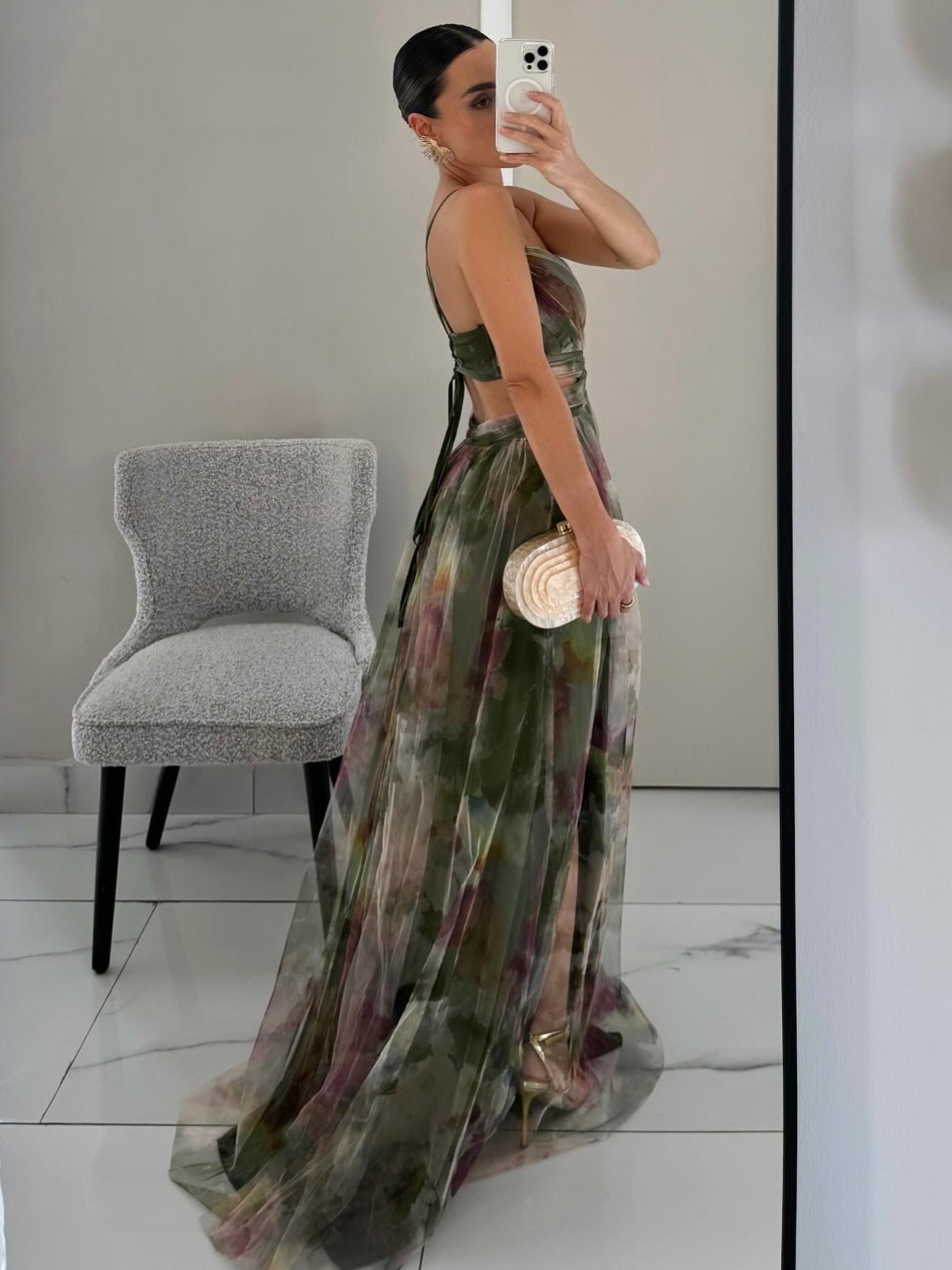 Rochie Maxi A-Line cu Imprimare Florală Pictată Elegantă