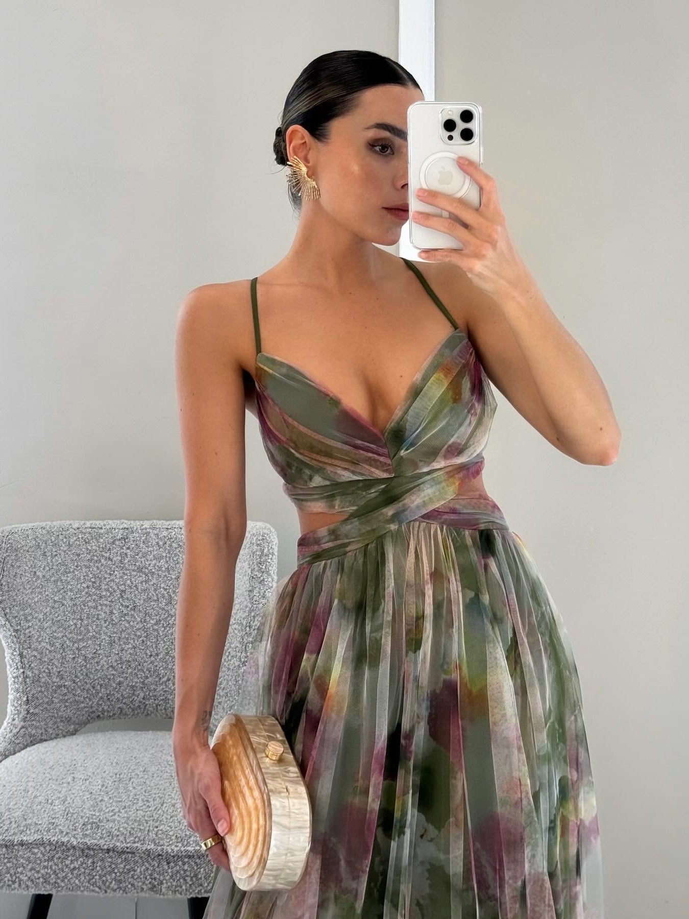 Rochie Maxi A-Line cu Imprimare Florală Pictată Elegantă