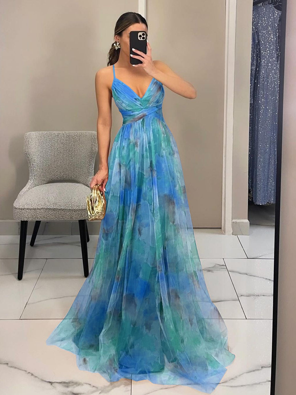 Rochie Maxi A-Line cu Imprimare Florală Pictată Elegantă