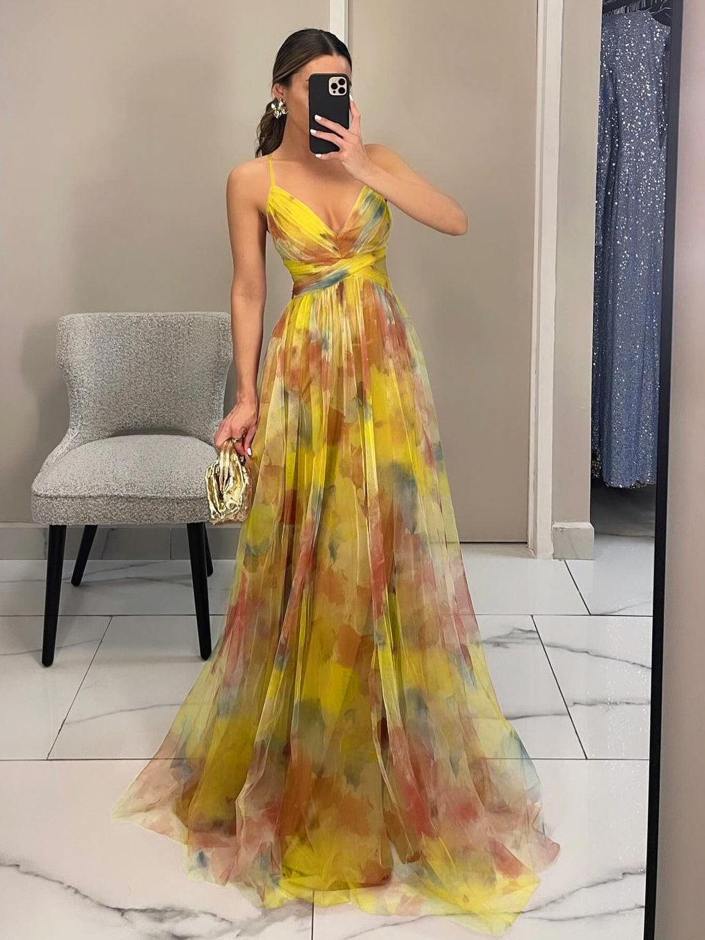 Rochie Maxi A-Line cu Imprimare Florală Pictată Elegantă