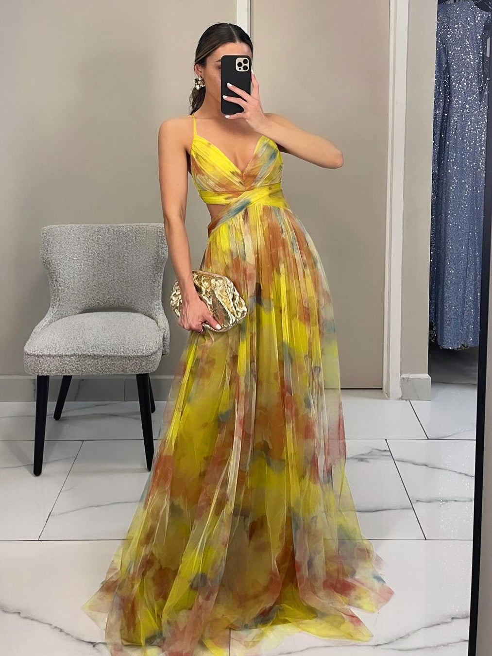 Rochie Maxi A-Line cu Imprimare Florală Pictată Elegantă