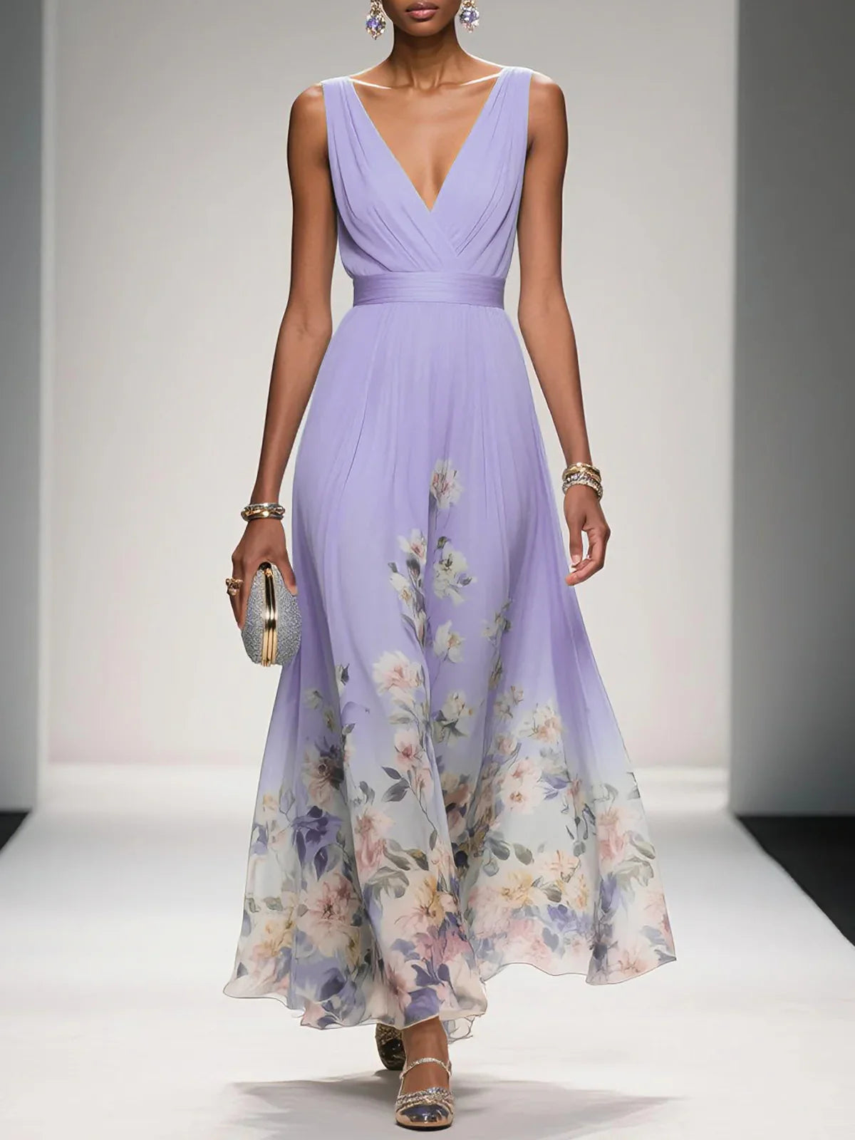 Rochie Maxi A-Line fără Mâneci cu Decolteu în V, Floral Albastru Deschis