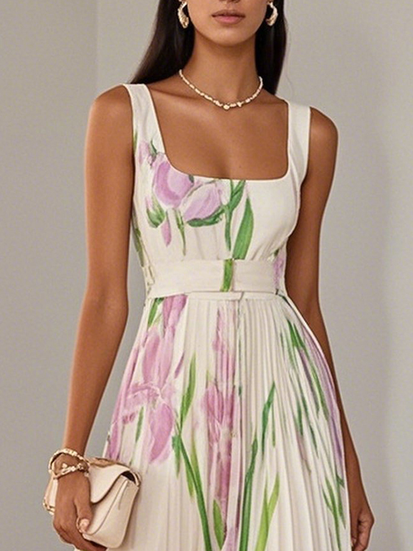 Rochie Maxi A-Line fără Mâneci cu Decolteu Patrat din Chiffon Floral Plisat Alb