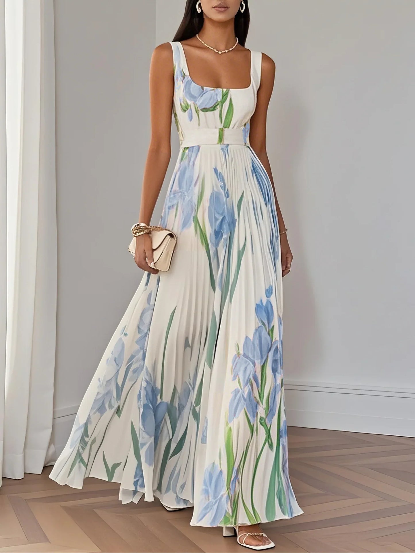 Rochie Maxi A-Line fără Mâneci cu Decolteu Patrat din Chiffon Floral Plisat Alb