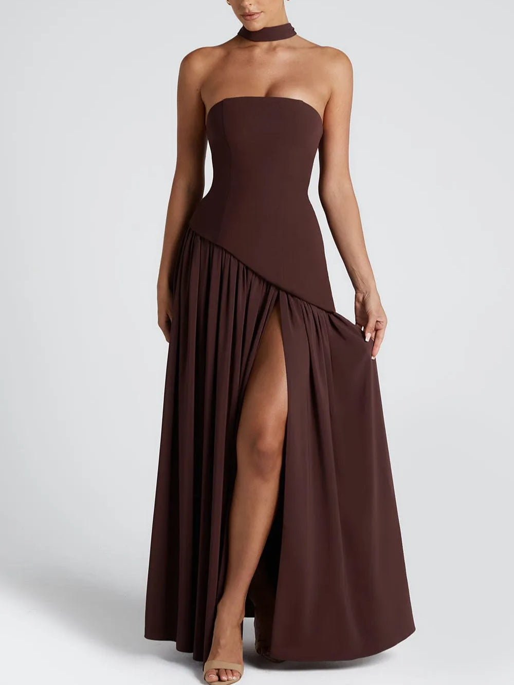 Rochie Maxi Fără Bretele cu Fendă și Panglică