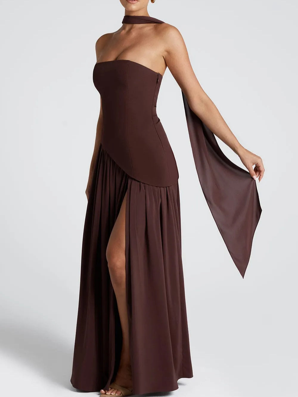 Rochie Maxi Fără Bretele cu Fendă și Panglică