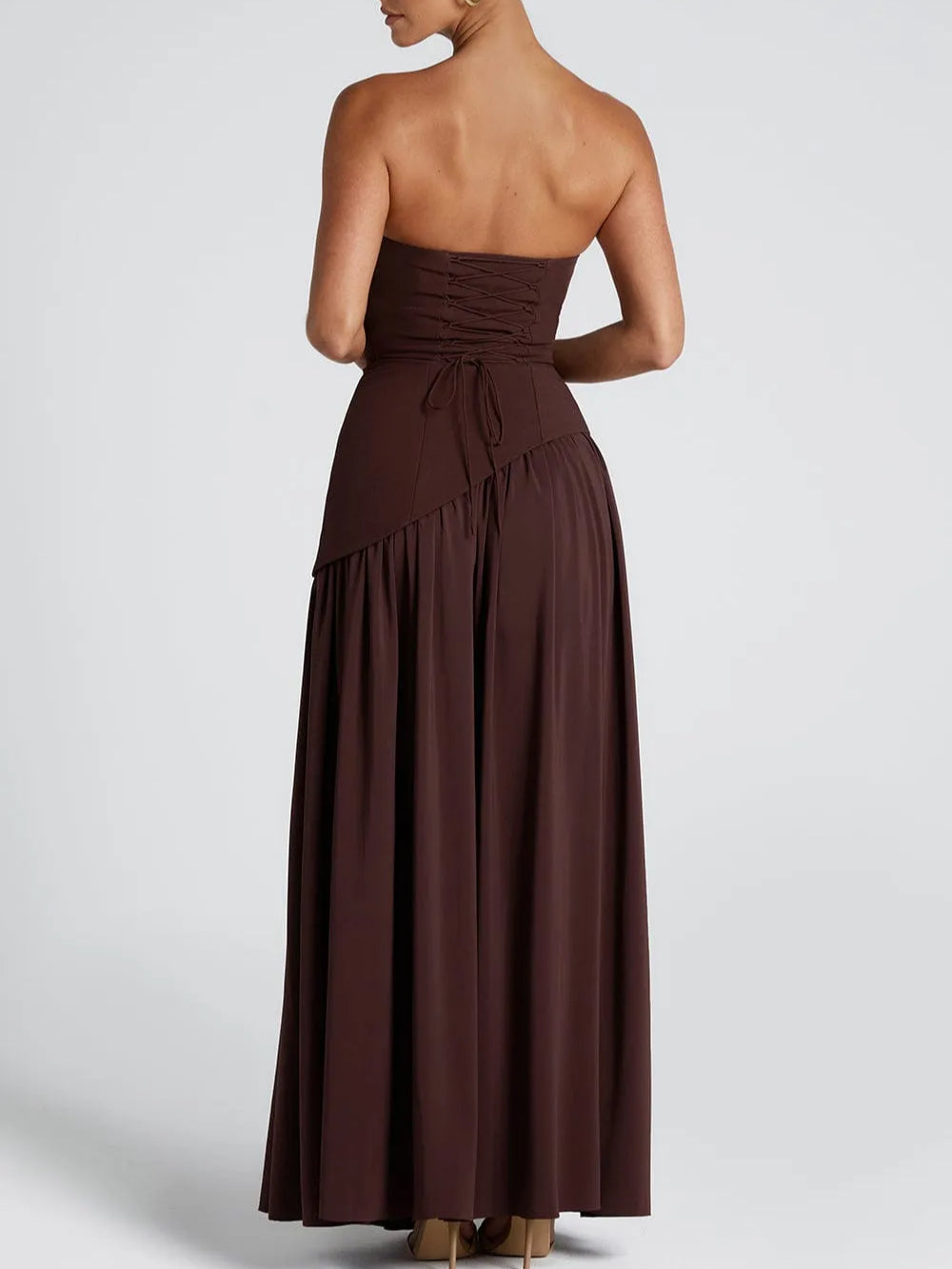 Rochie Maxi Fără Bretele cu Fendă și Panglică