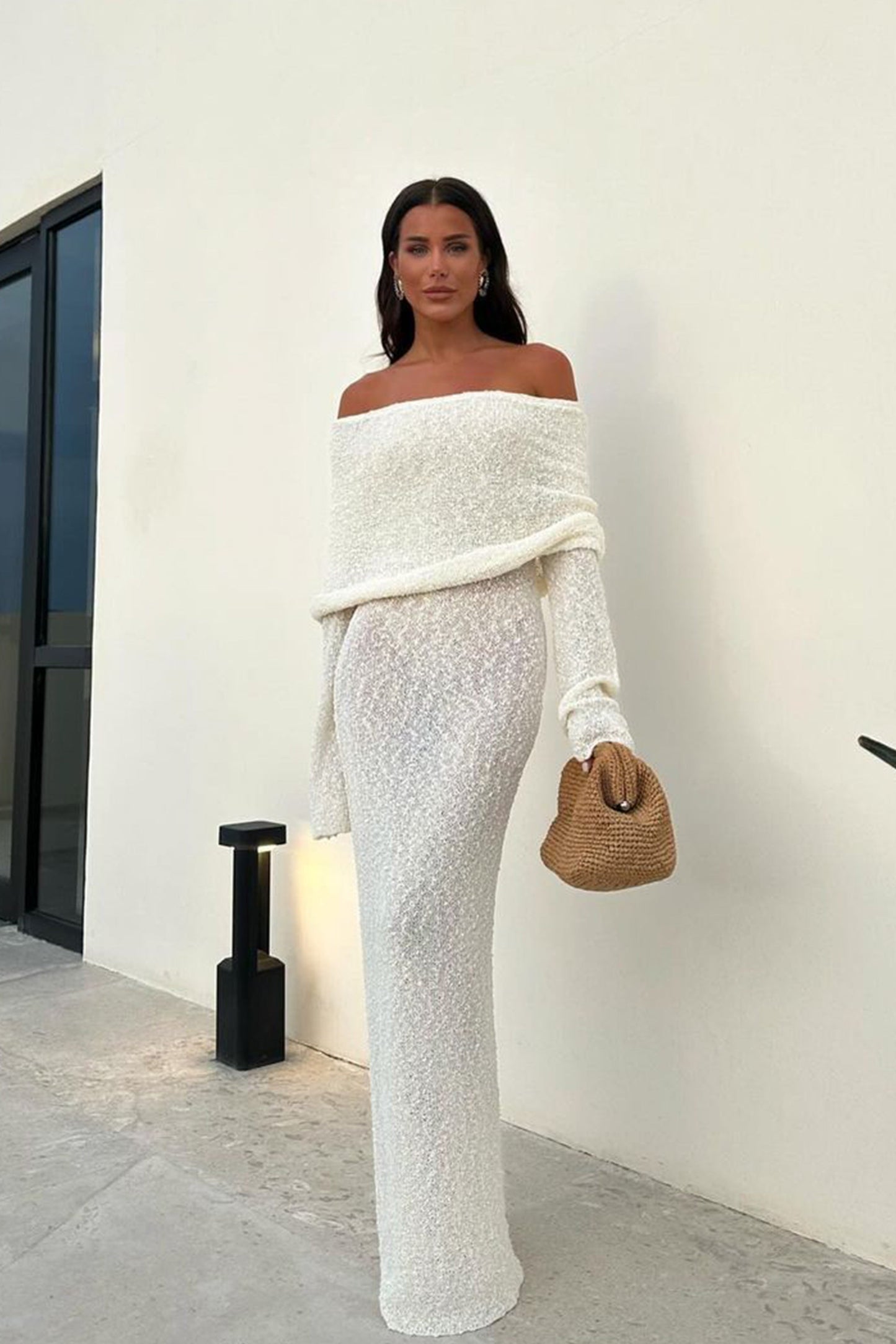 Marissa | Rochie Maxi Off-Shoulder din Bouclé – Ivory