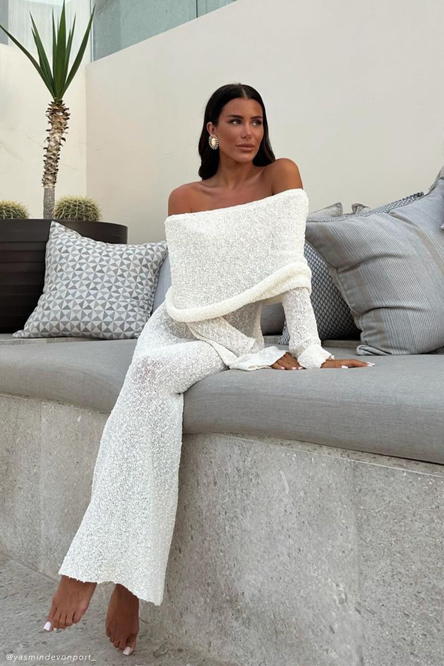 Marissa | Rochie Maxi Off-Shoulder din Bouclé – Ivory