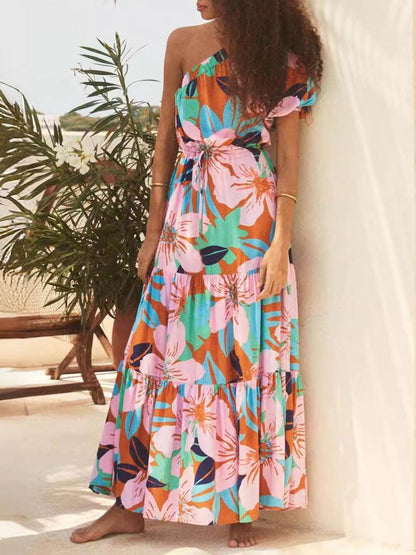 Rochie Florală cu Imprimare de Frunze de Palmier, cu Umeri Descoperiți, Stil de Vacanță