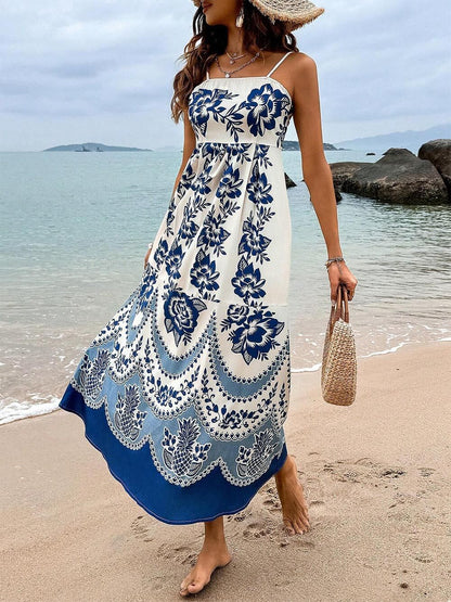 Rochie Midi Lejeră cu Imprimare Florală Etnică și Spate Făcut
