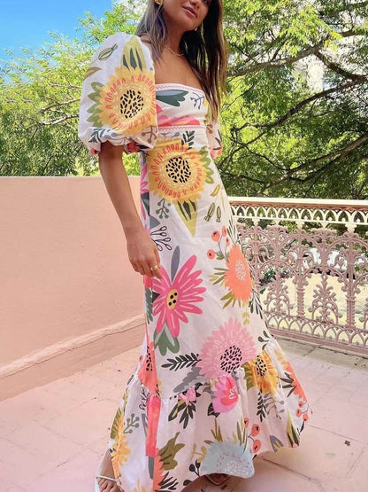 Rochie Maxi cu Guler Pătrat și Mâneci Bule cu Imprimare Florală