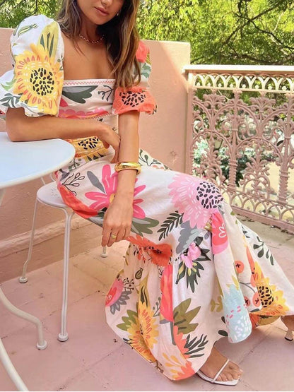 Rochie Maxi cu Guler Pătrat și Mâneci Bule cu Imprimare Florală