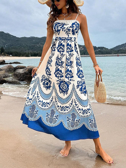 Rochie Midi Lejeră cu Imprimare Florală Etnică și Spate Făcut