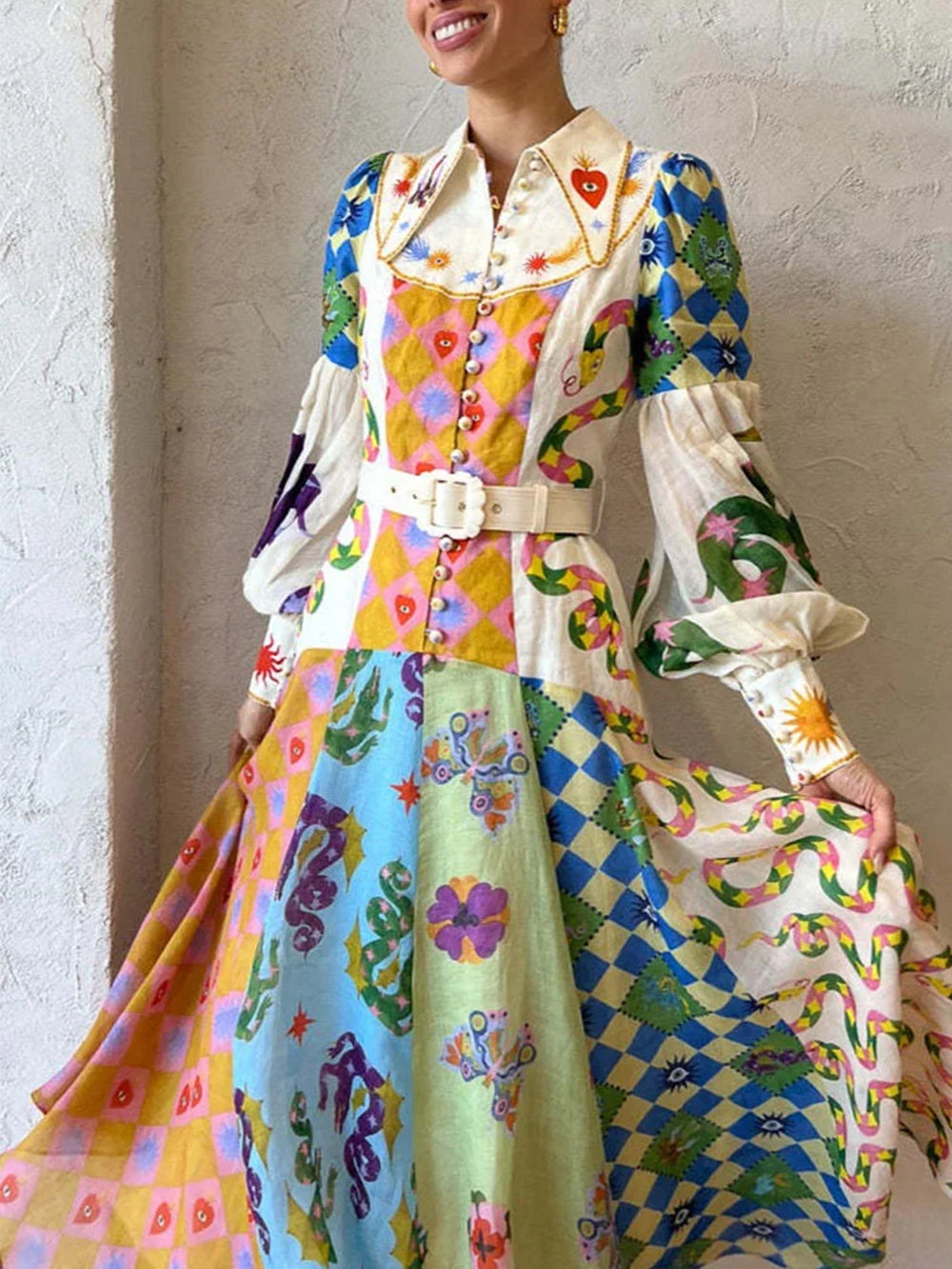 Rochie Lungă Irregulară cu Mâneci Balon Graffiti Fashion