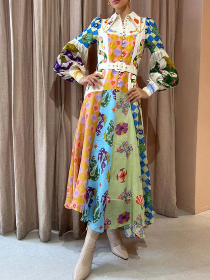 Rochie Lungă Irregulară cu Mâneci Balon Graffiti Fashion