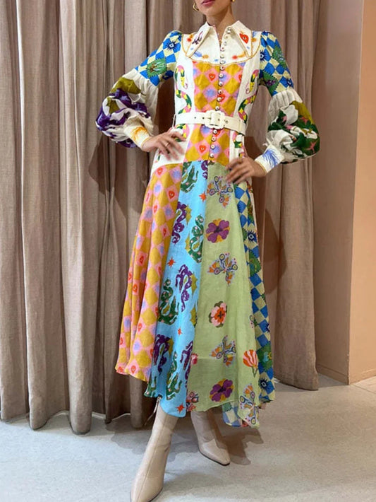Rochie Lungă Irregulară cu Mâneci Balon Graffiti Fashion
