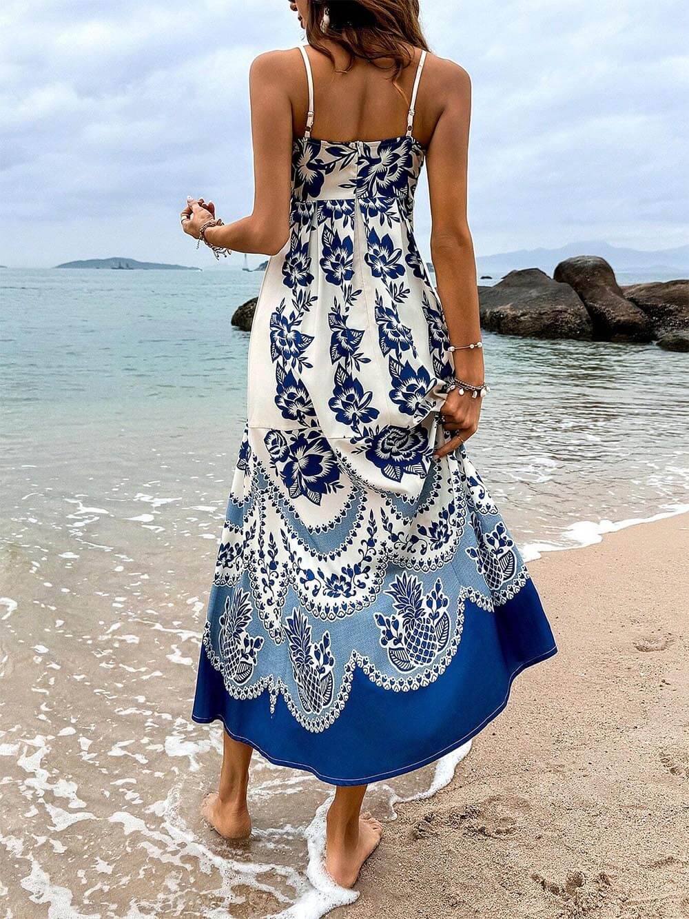 Rochie Midi Lejeră cu Imprimare Florală Etnică și Spate Făcut
