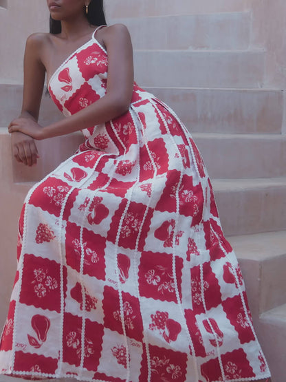 Rochie Maxi Flared cu Imprimare Florală Unică pe Umăr