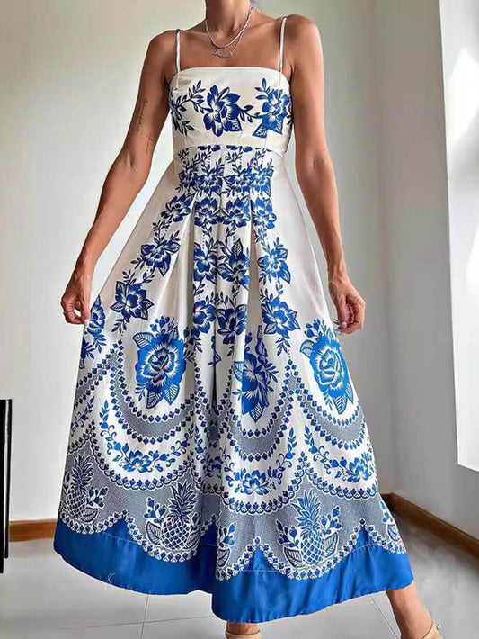 Rochie Midi Lejeră cu Imprimare Florală Etnică și Spate Făcut
