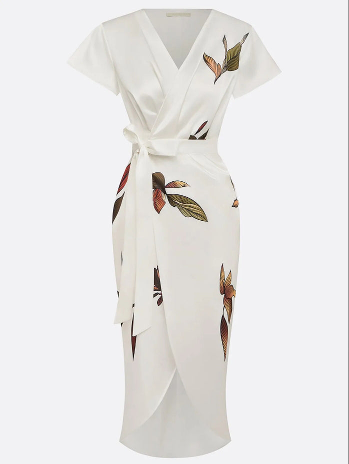Rochie midi din satin cu mânecă scurtă și imprimeu cu frunze albe