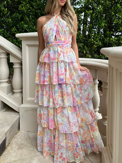 Rochii maxi cu imprimeu floral și volane pentru vacanță