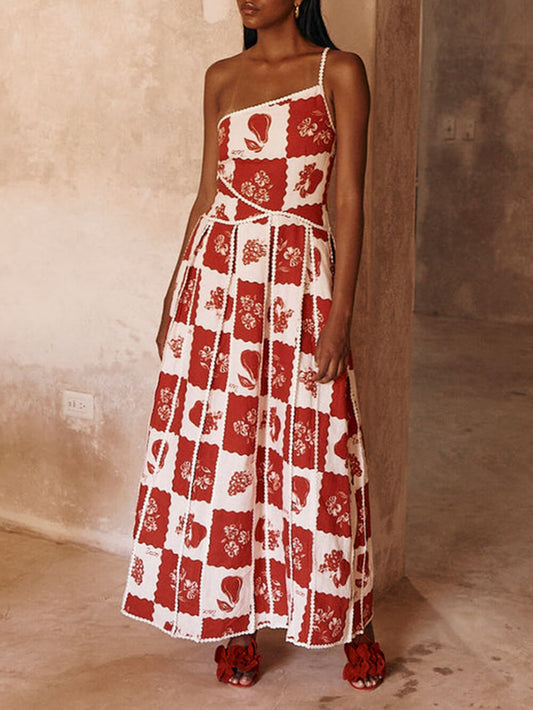Rochie Maxi Flared cu Imprimare Florală Unică pe Umăr