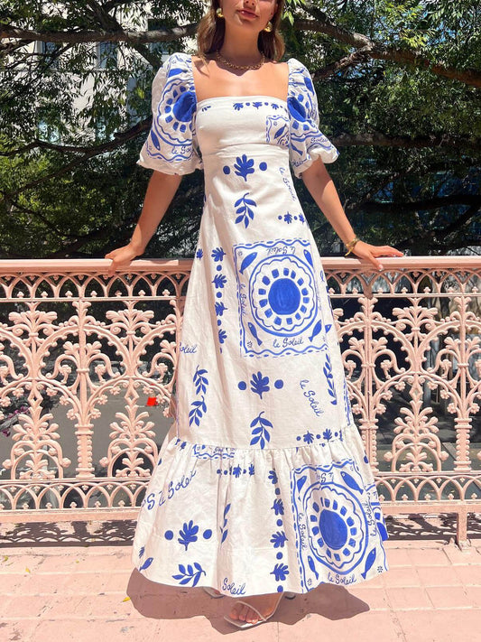 Rochie Midi cu Mâneci Puff pentru Vacanță