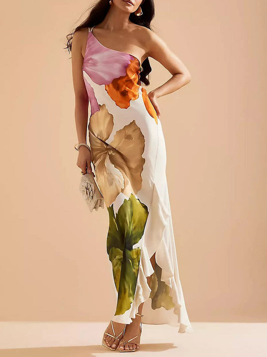 Rochie Maxi Elegantă cu Imprimeu Floral, cu Un Umăr