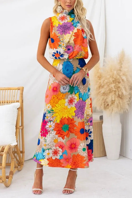 Rochie Maxi Floral cu Mâneci Fără și Guler Legat