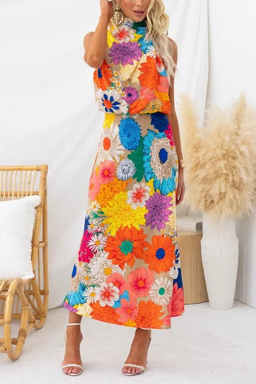 Rochie Maxi Floral cu Mâneci Fără și Guler Legat