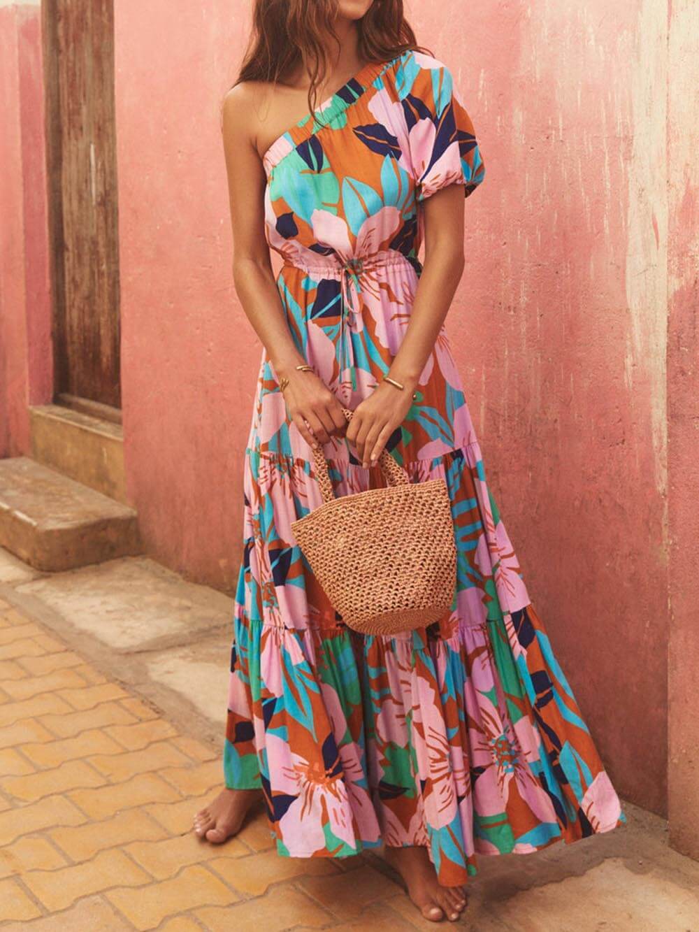 Rochie Florală cu Imprimare de Frunze de Palmier, cu Umeri Descoperiți, Stil de Vacanță