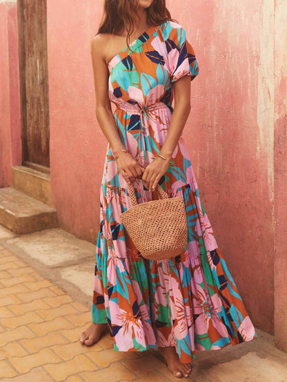 Rochie Florală cu Imprimare de Frunze de Palmier, cu Umeri Descoperiți, Stil de Vacanță
